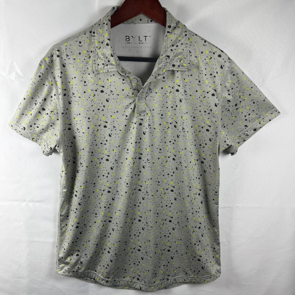BYLT Premium Basics Mens Performance Polo Shirt Grey Yellow Splatter Size L
